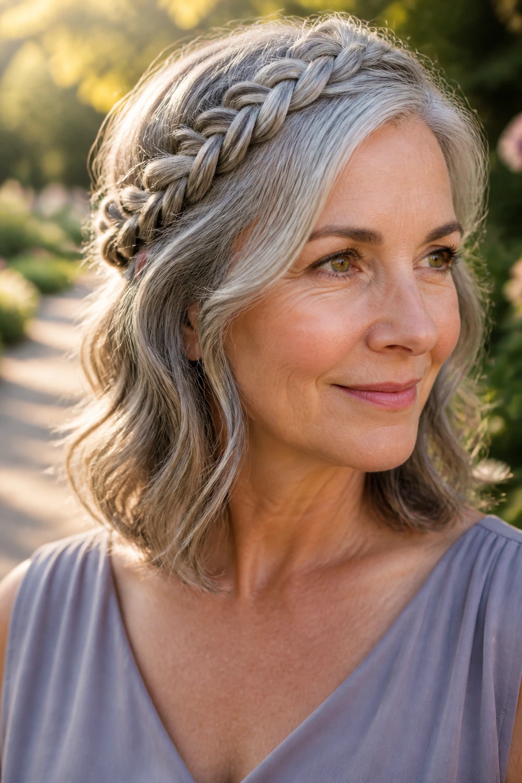 Close-up portrait of a real woman with a crown braid on gray waves
