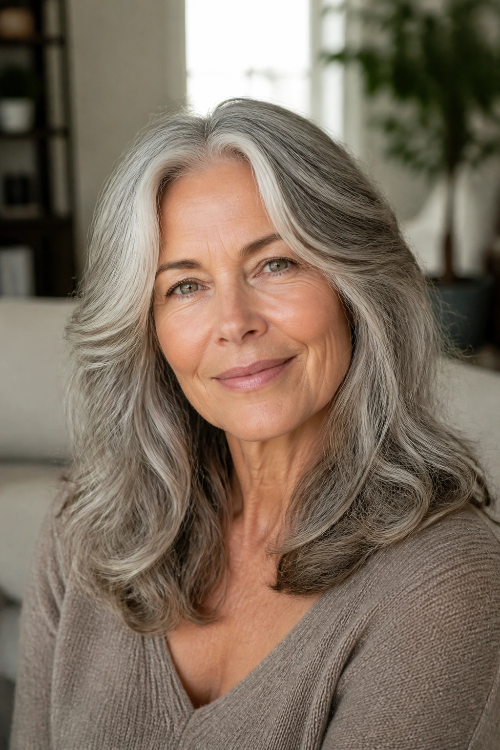 Close-up of a real older woman with gray waves and dimensional layers