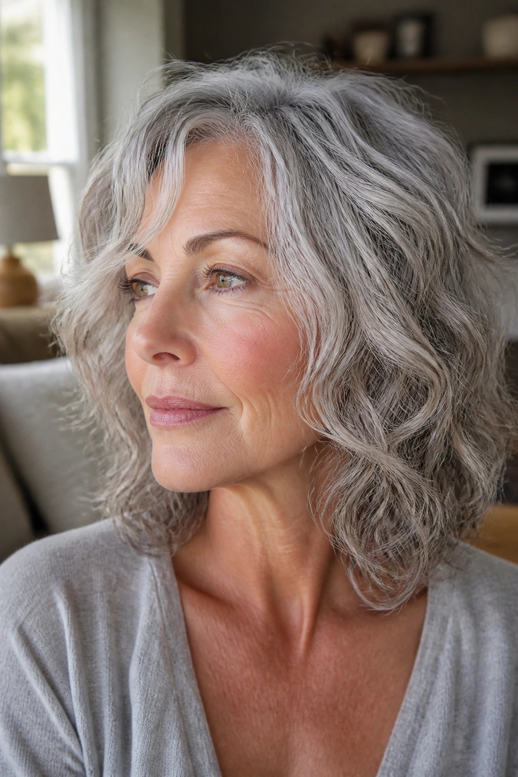 Close-up portrait of a real woman with gray waves showing natural shine and texture.