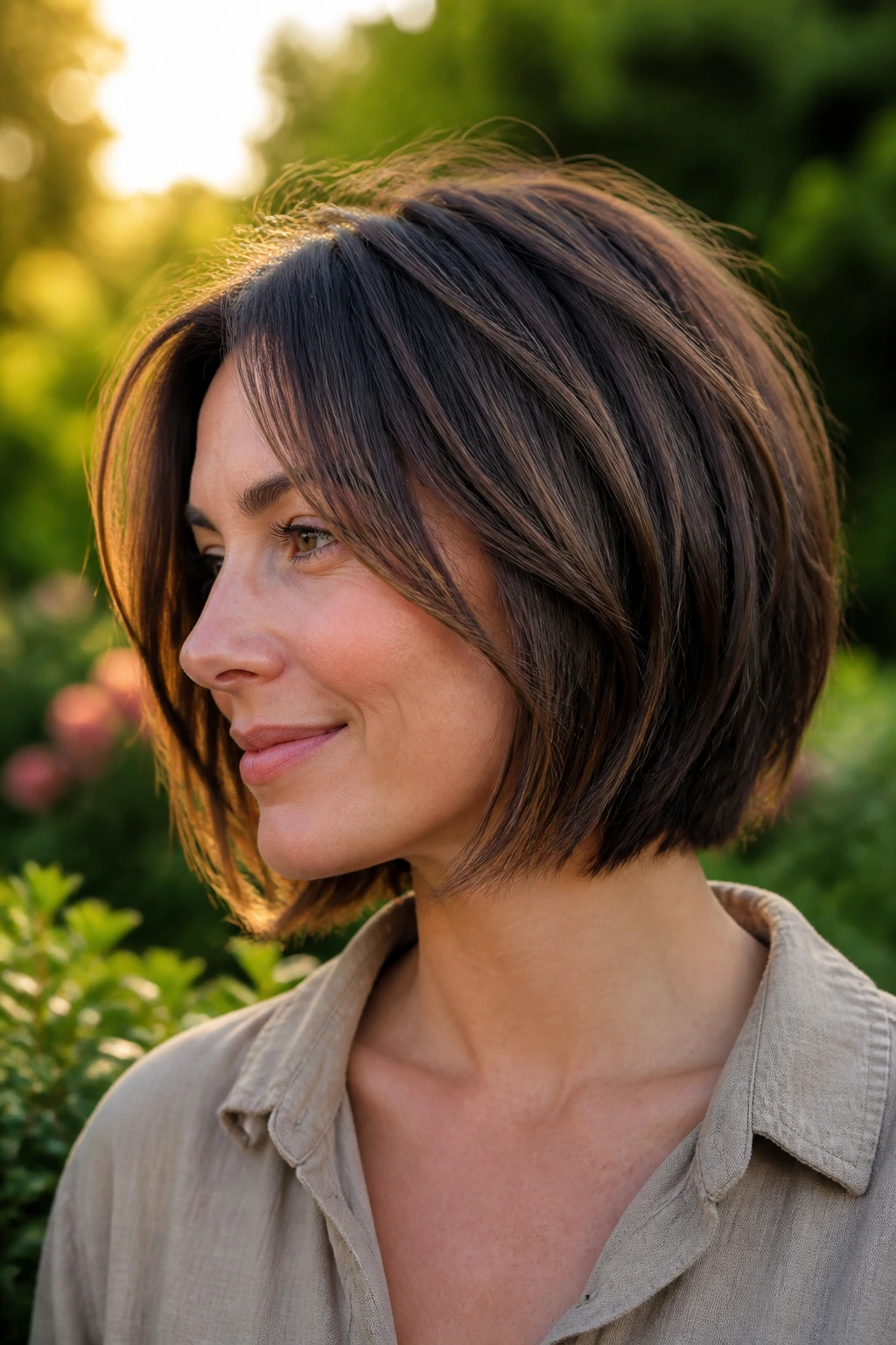 Portrait of a person with a jaw-grazing bob and long blended layers