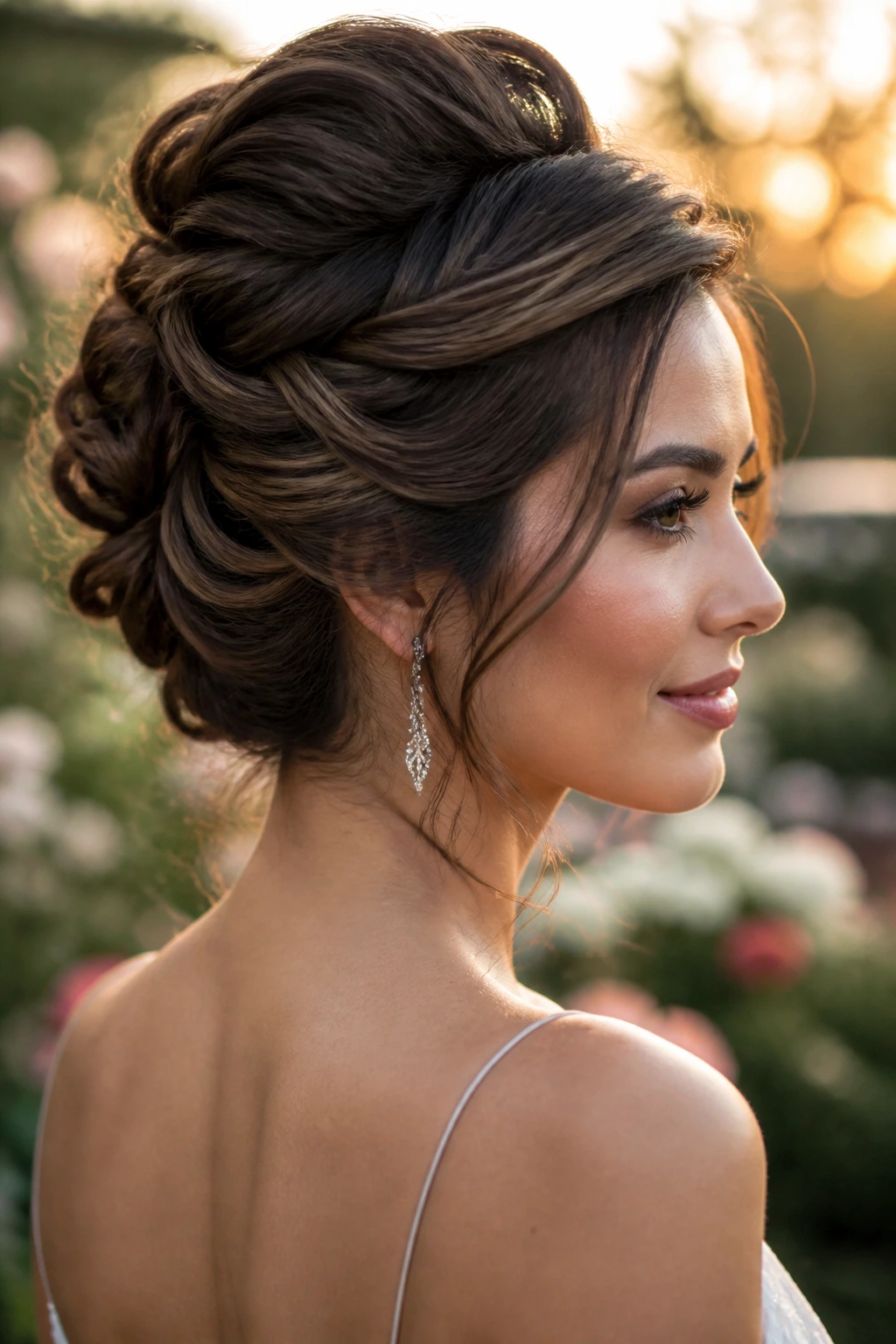 Close-up of Grecian rolled updo on a real bride in garden setting