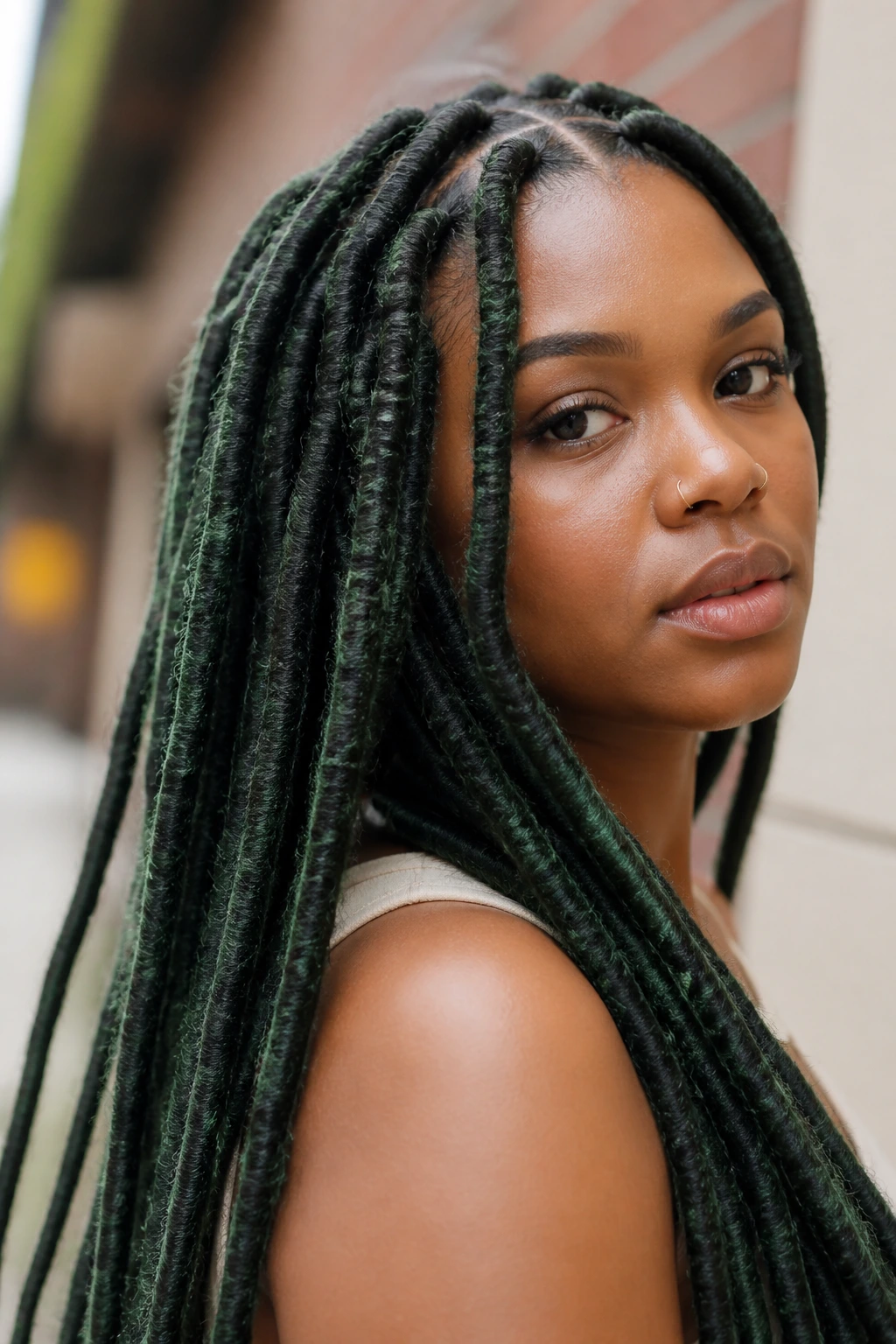 Close-up of a real person with green-tinted loc-style braids in natural light