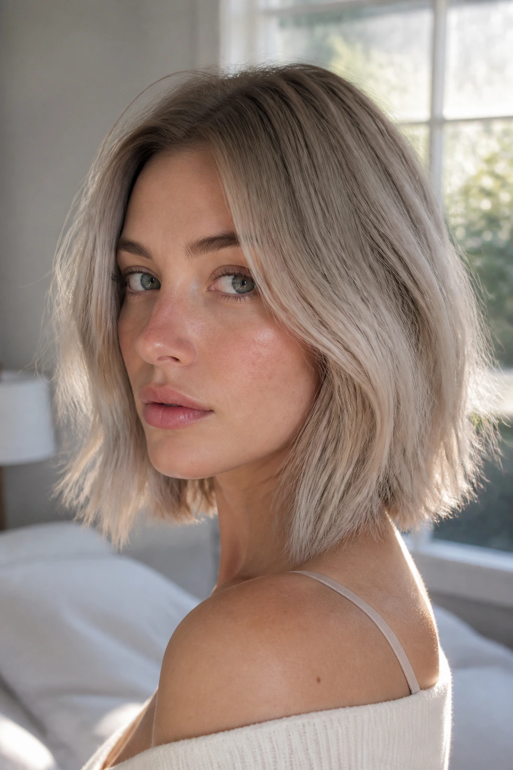 Portrait of a real woman with a soft greige blonde bob, natural makeup, sunlit window light