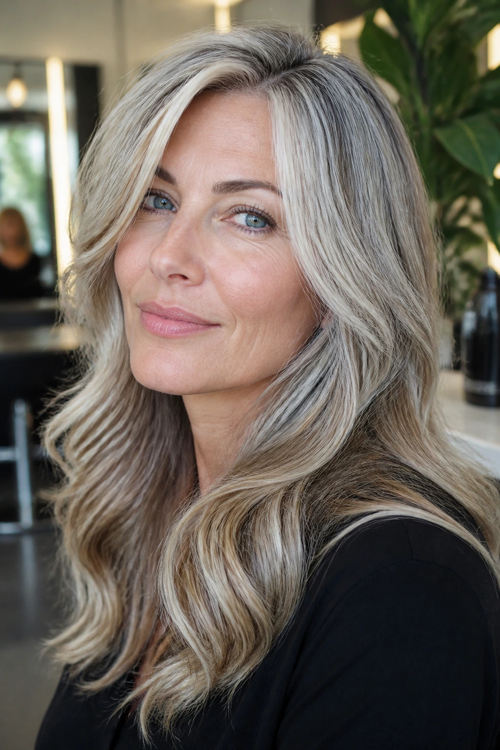 Close-up of a real woman with grey blending silver-blonde threads