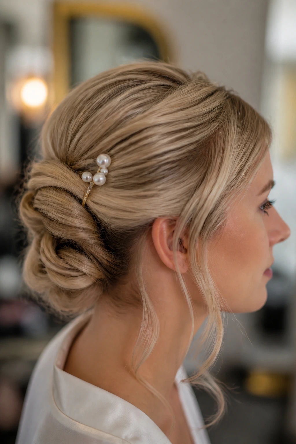 Close-up of a real woman's hair secured with a gripping accessory like a pearl pin
