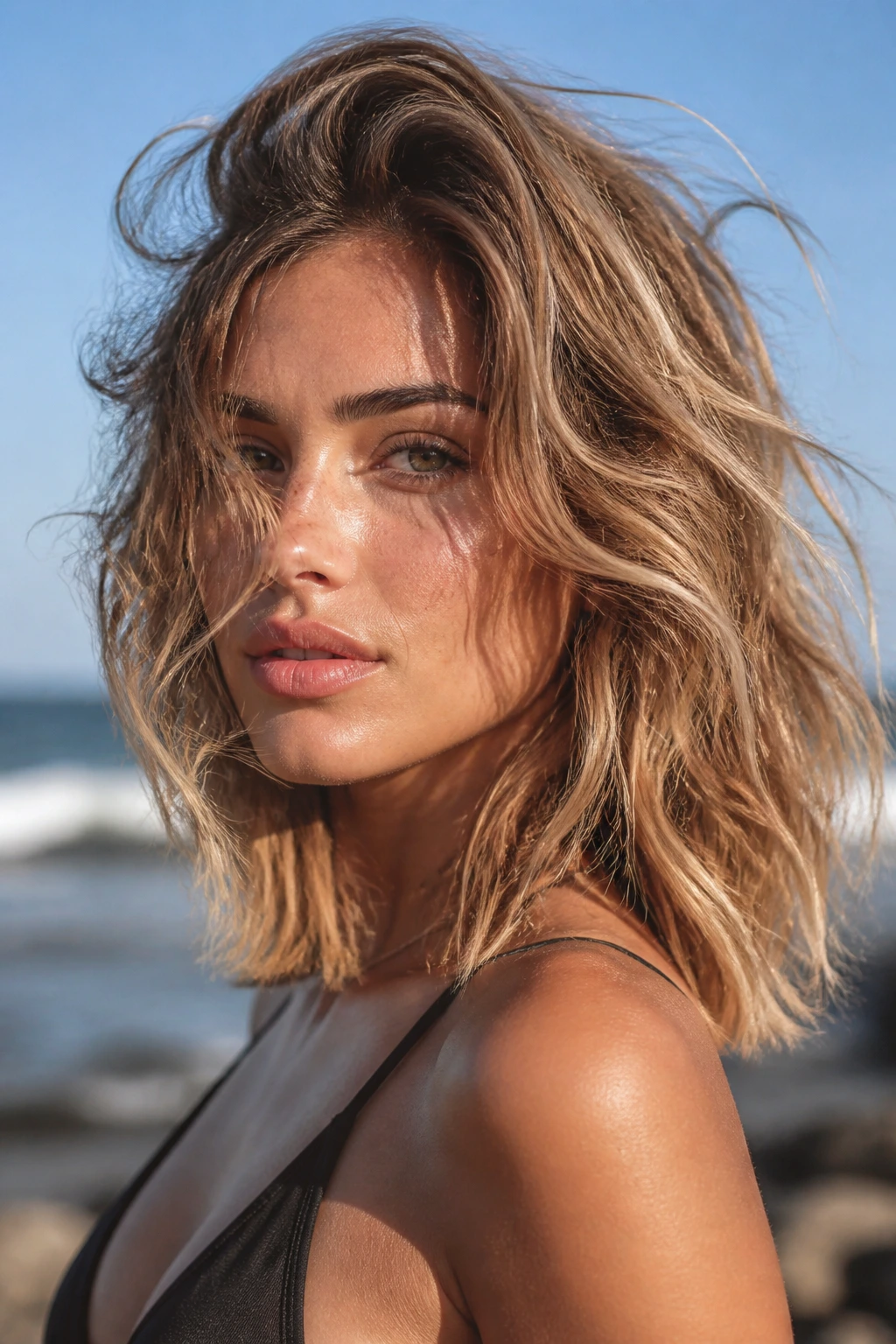 Close-up portrait of a real person with gritty textured beach blowout on a sunlit beach