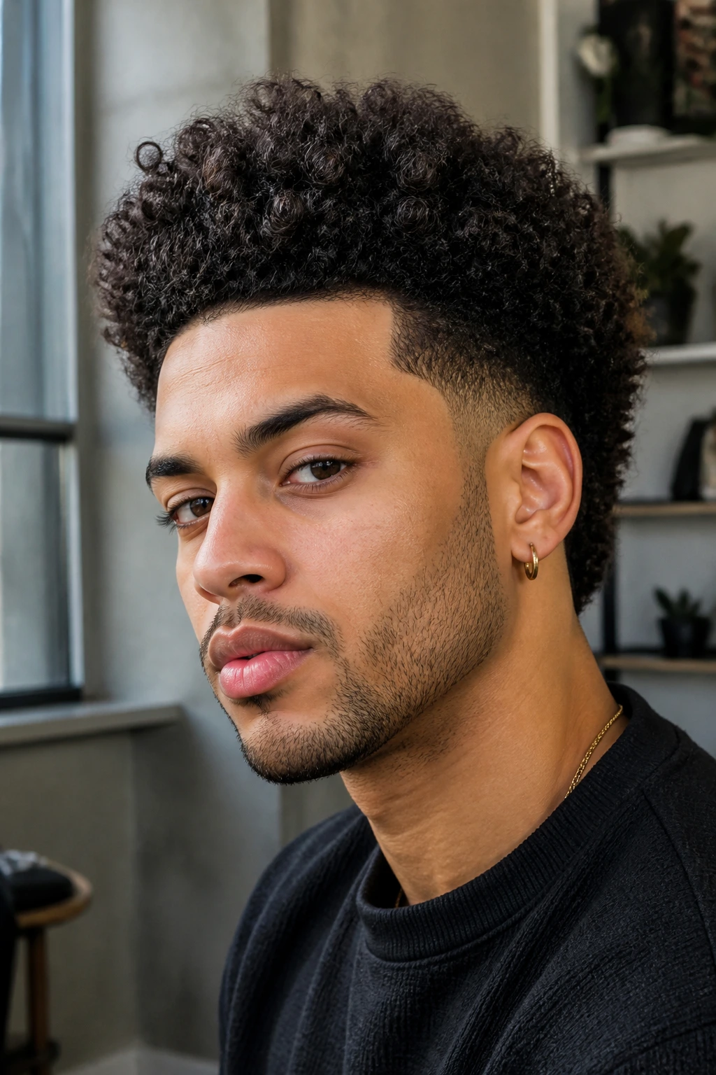 Close-up portrait of a real person with a groomed frohawk and neat edges.