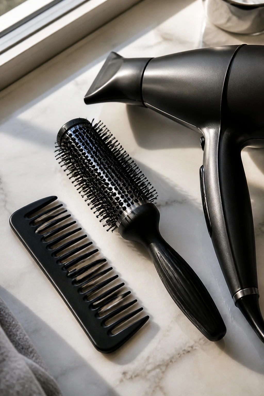 Top-down close-up of essential spiky-hair grooming tools on a counter