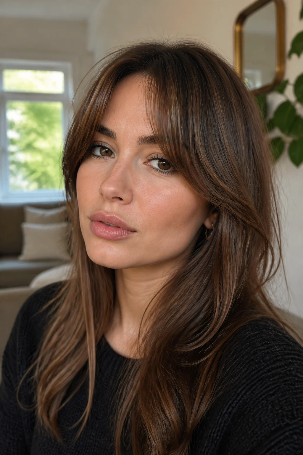 Close-up portrait of a real woman with soft bottleneck bangs grow-out style