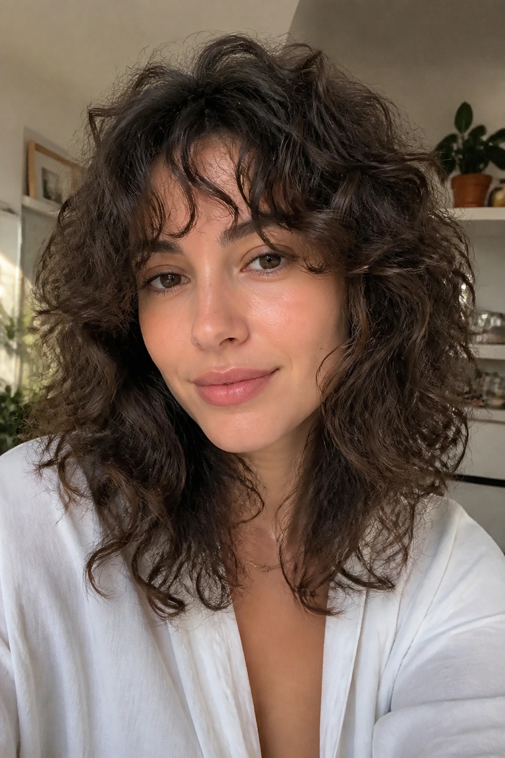Close-up of a real woman with grow-out-friendly bangs blending into a face frame