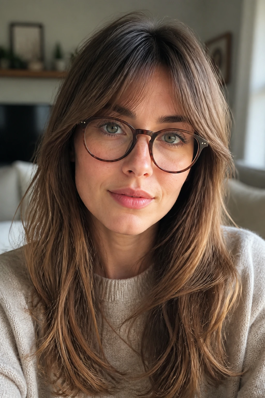 Close-up of a real woman with grow-out curtain bangs blending into layered hair in natural light