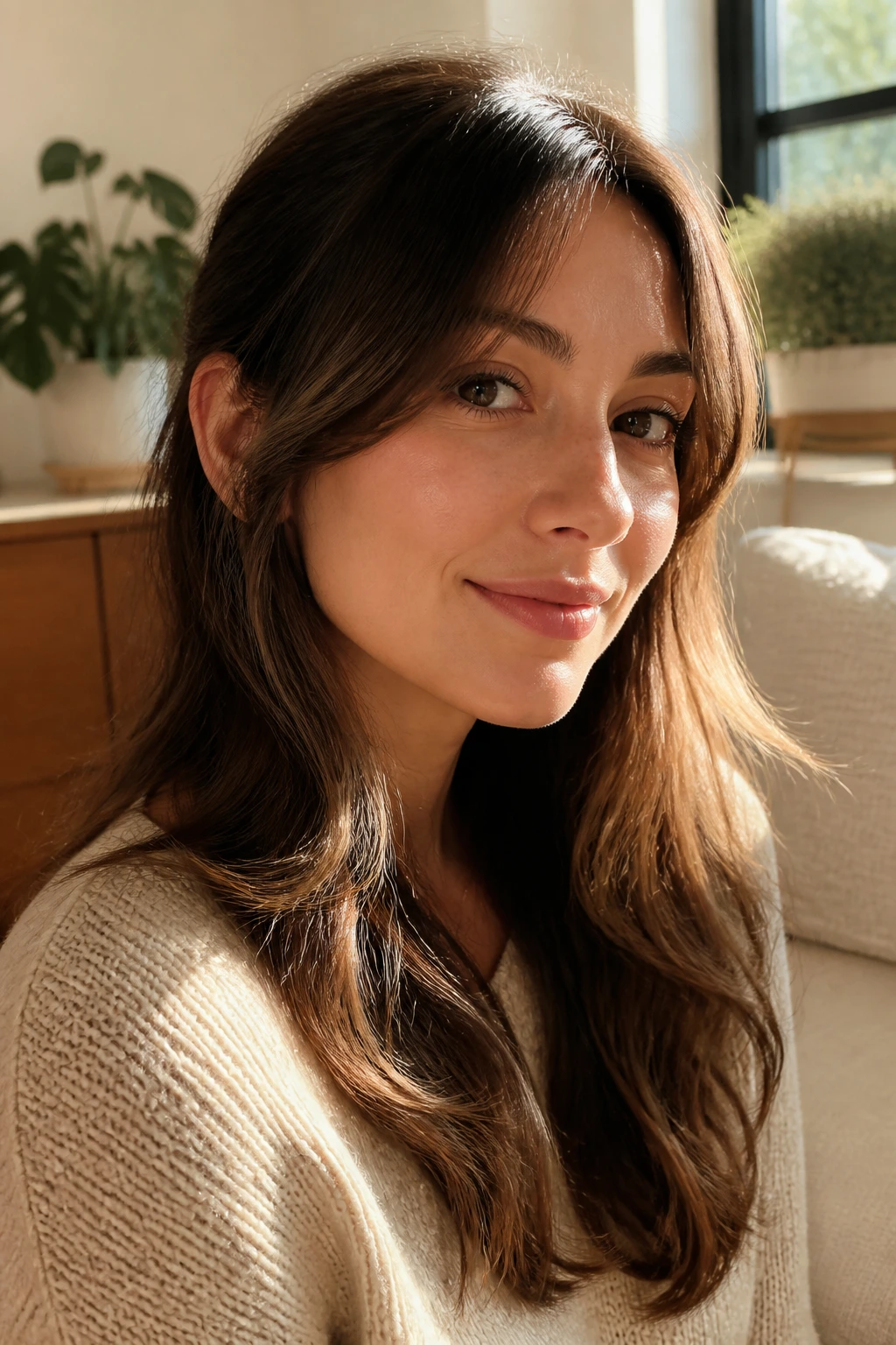 Close-up of a real woman with grow-out bangs forming soft curtains