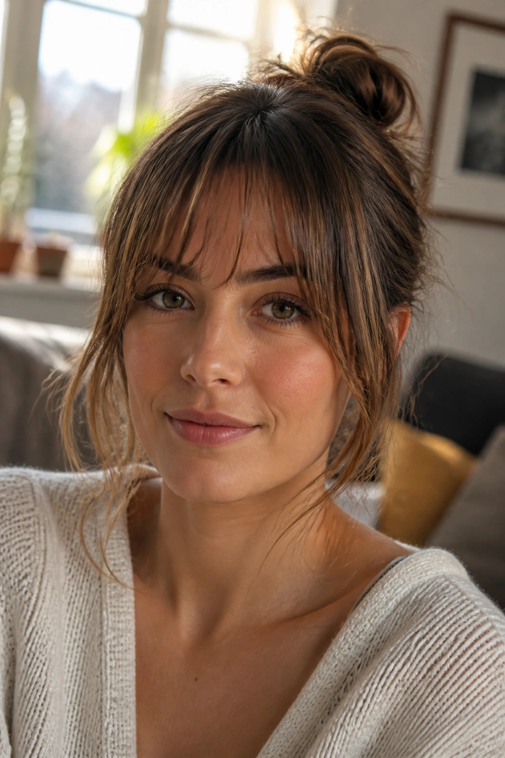 Close-up of a real woman with grow-out friendly bangs in a cozy living room.