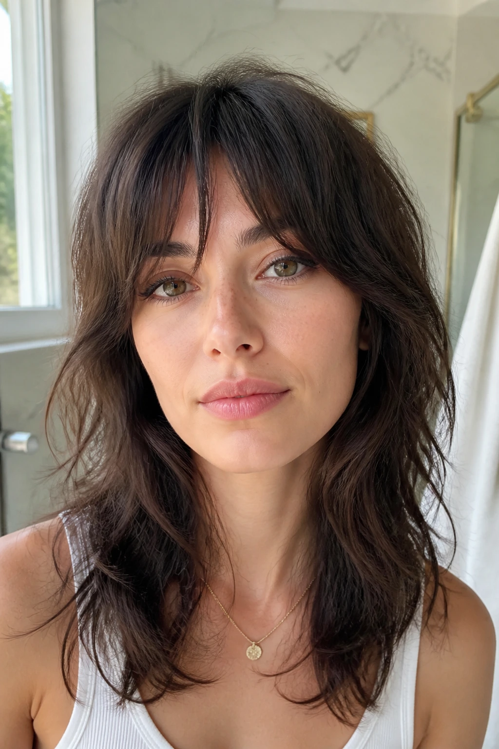 Portrait of person with grow-out bangs wolf cut in bright home bathroom