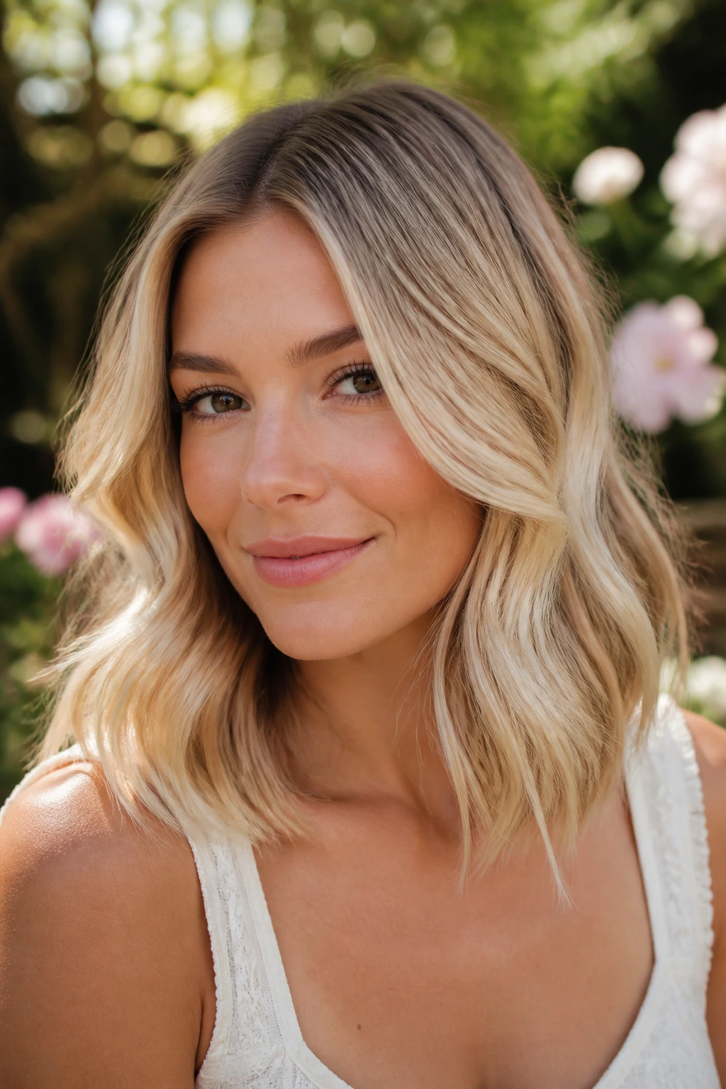 Portrait of a real woman with dimensional blonde hair at medium length in a garden morning light