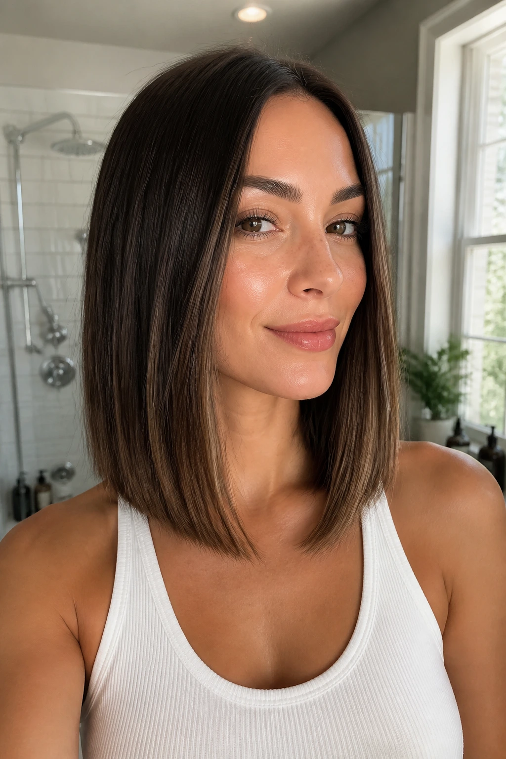 Close-up of a real woman with a grow-out blunt lob