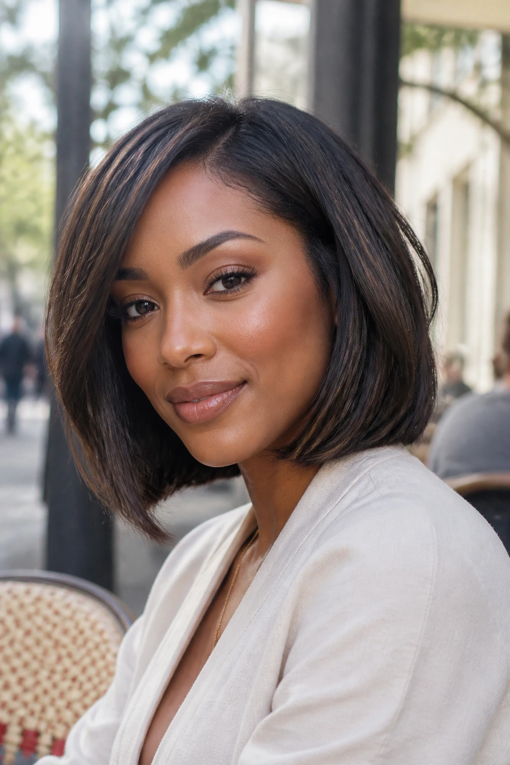 Real Black woman with grow-out bob at jaw to collarbone length