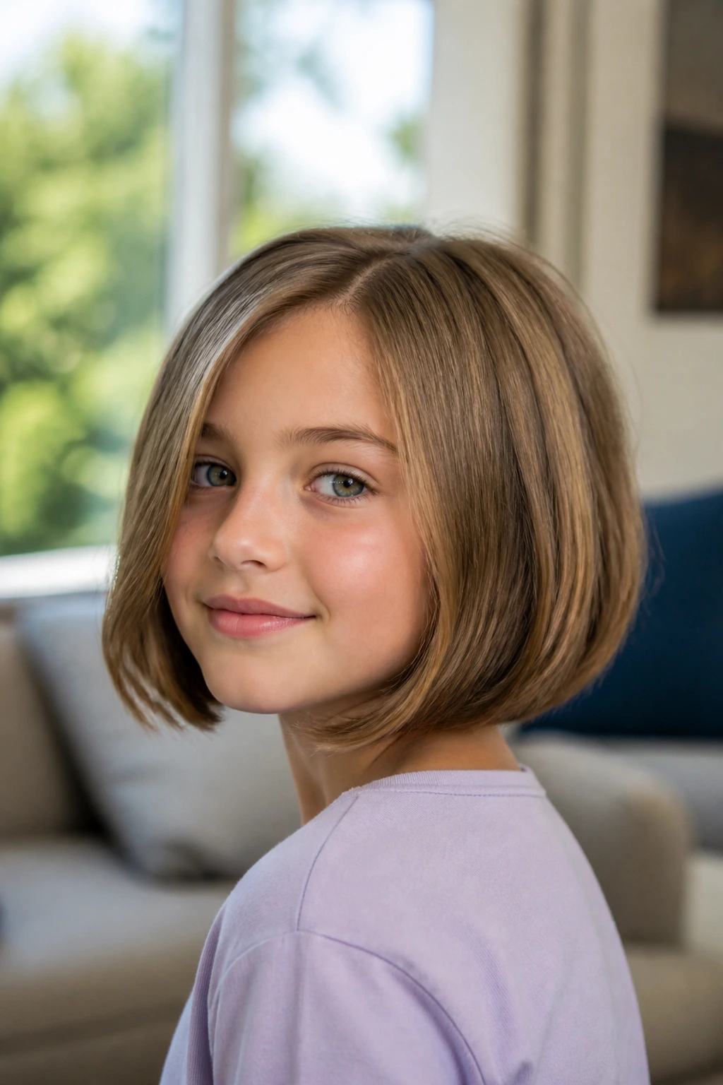 Close-up of a real child with grow-out bob showing longer front growth