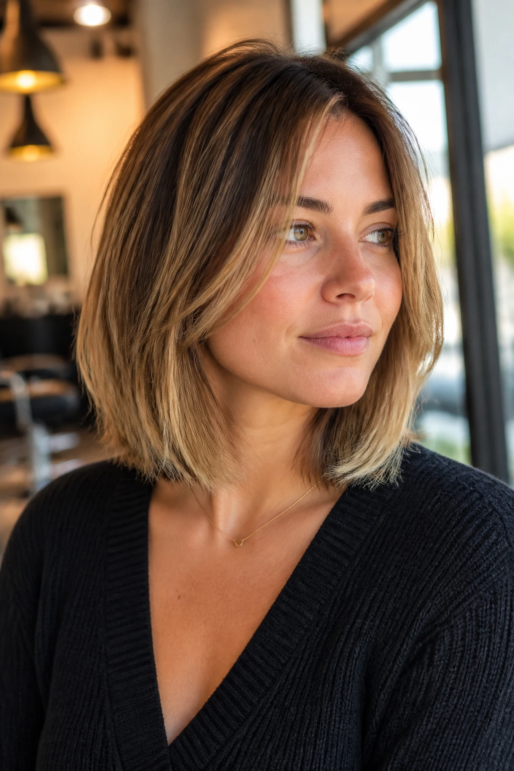 Close-up of a real woman with a Transitional Grow-Out Bob, showing layered mid-length hair and a flexible perimeter.