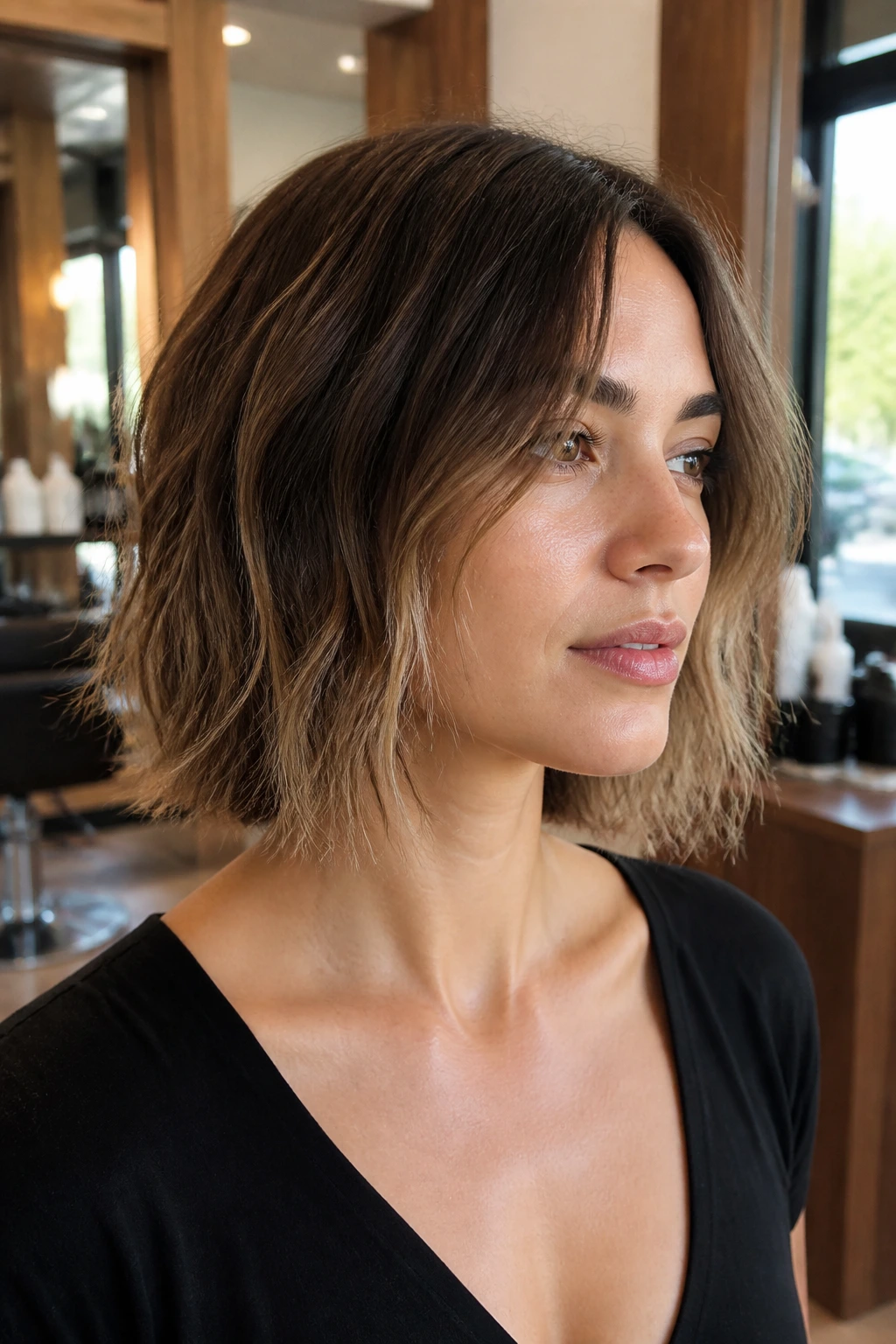 Close-up portrait of a woman with a grow-out bob and lived-in edge