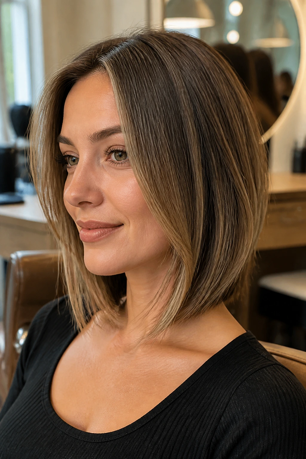 Close-up of jaw-length grow-out bob on a real person in a warm salon
