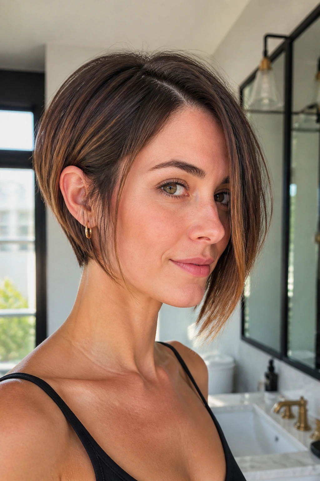 Close-up portrait of a real woman with an asymmetrical bob showing growth while keeping the line sharp