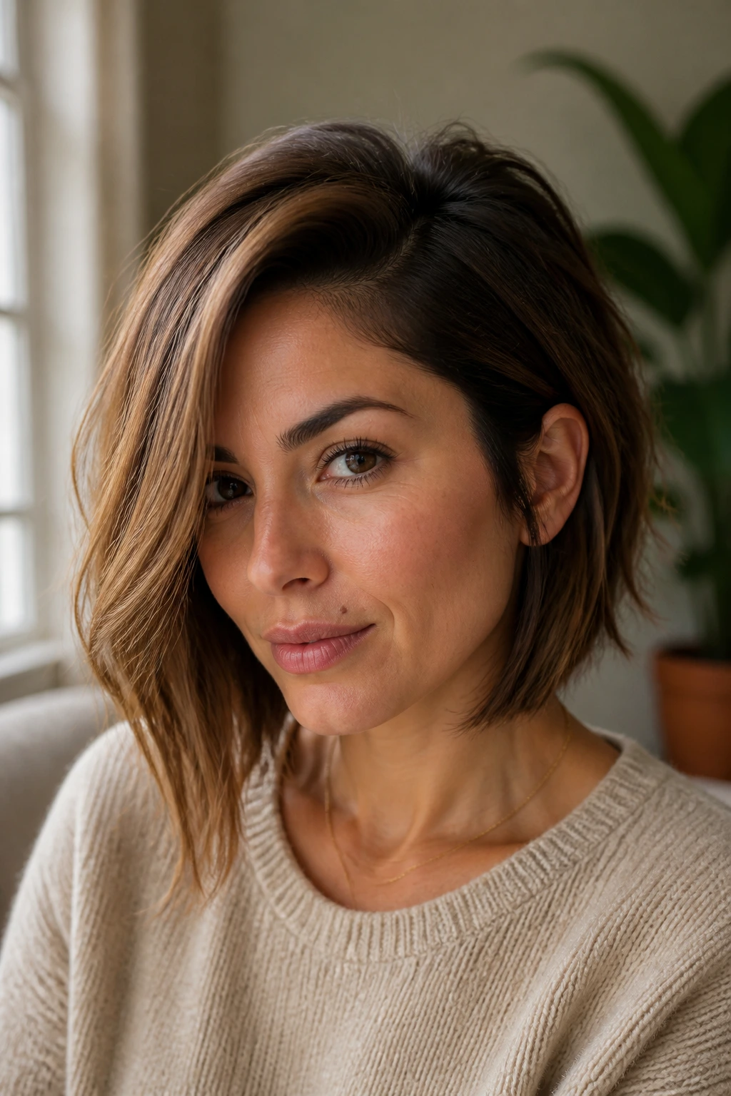 Close-up portrait of a real woman with a grow-out friendly asymmetrical bob in warm light