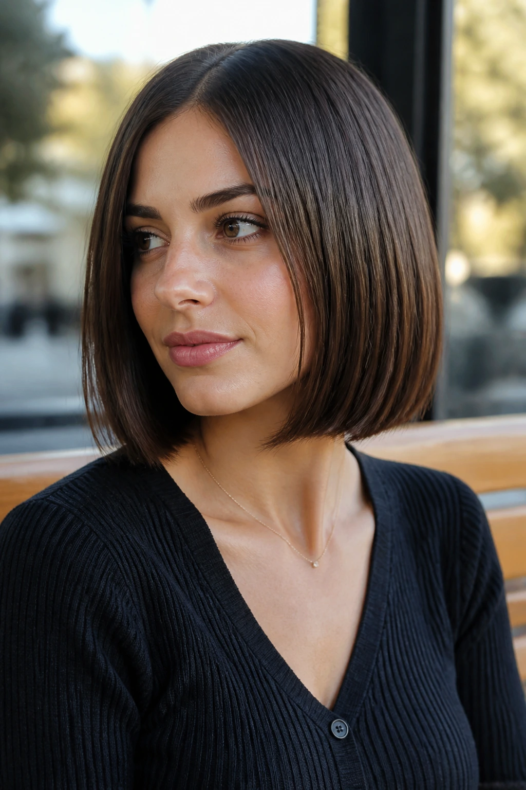 Real woman with grow-out friendly straight bob in morning light