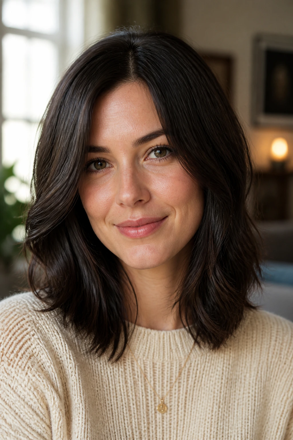 Close-up portrait of a real woman with shoulder-length brunette hair in glossy espresso brown in a sunlit living room