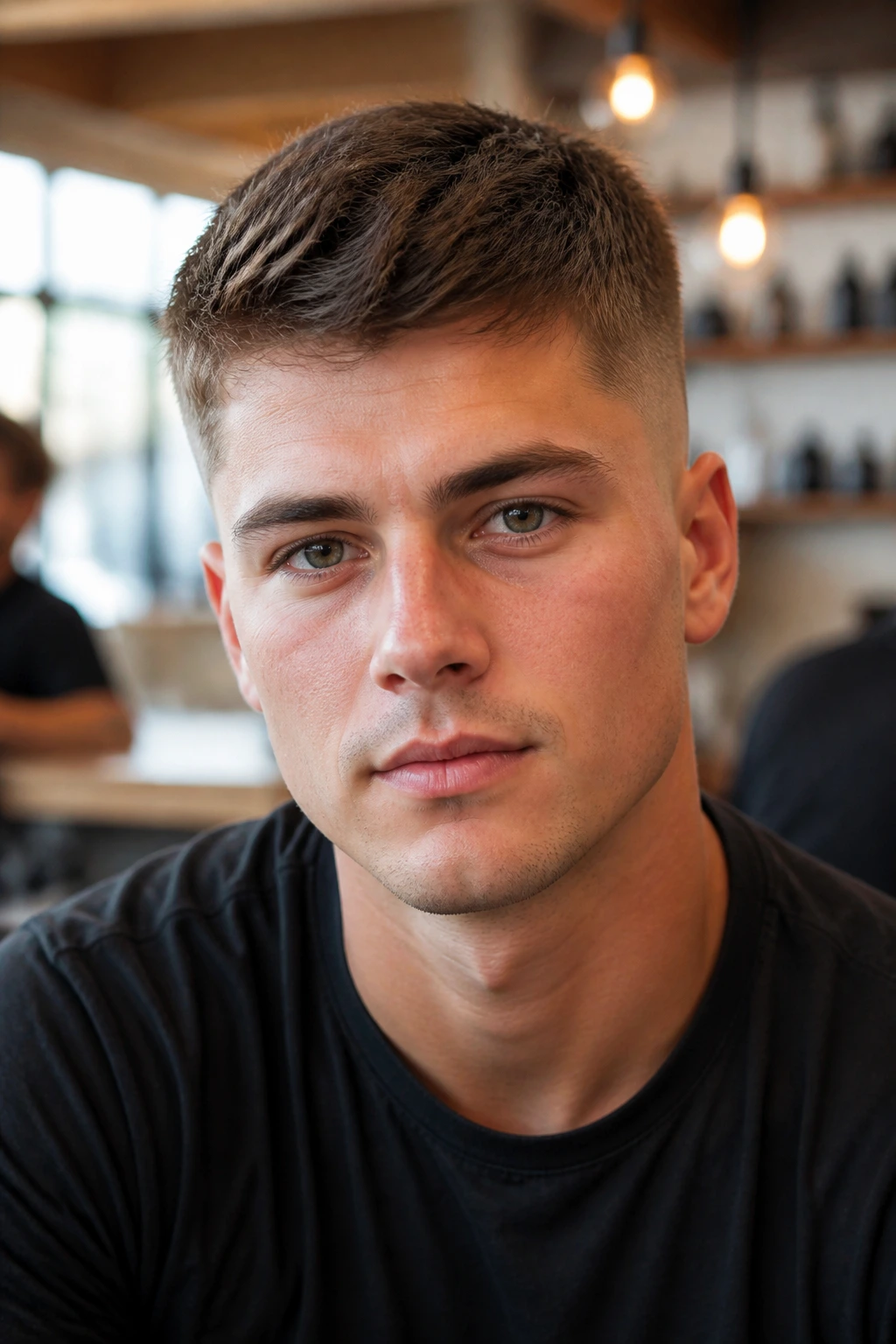 Close-up of a man with sides clipped short and top longer for grow-out, in a real-world setting.