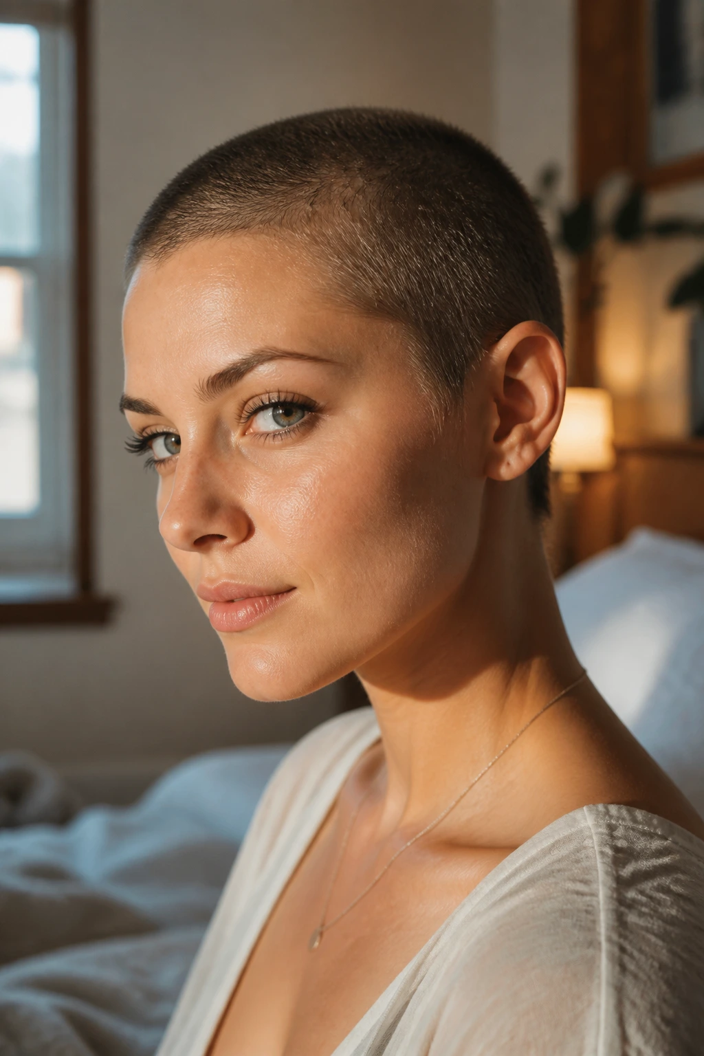 Close-up portrait of a real person with grow-out stubble buzz, warm natural light
