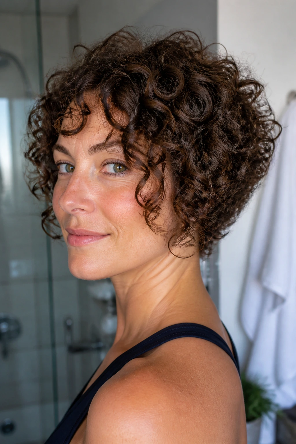 Portrait of a real person with a grow-out friendly curly stack in a bright bathroom