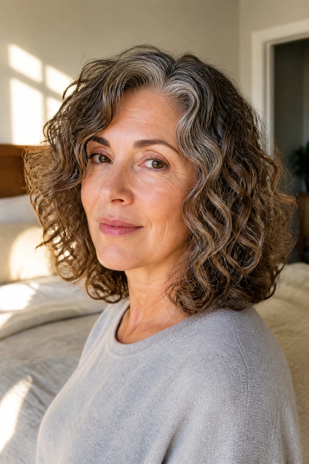 Portrait of a real woman with shoulder-length layered curls illustrating grow-out stage