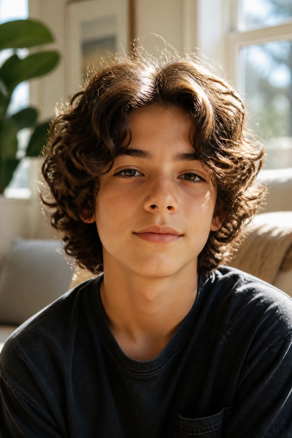 Boy with long curly hair in a soft shag growing out gracefully