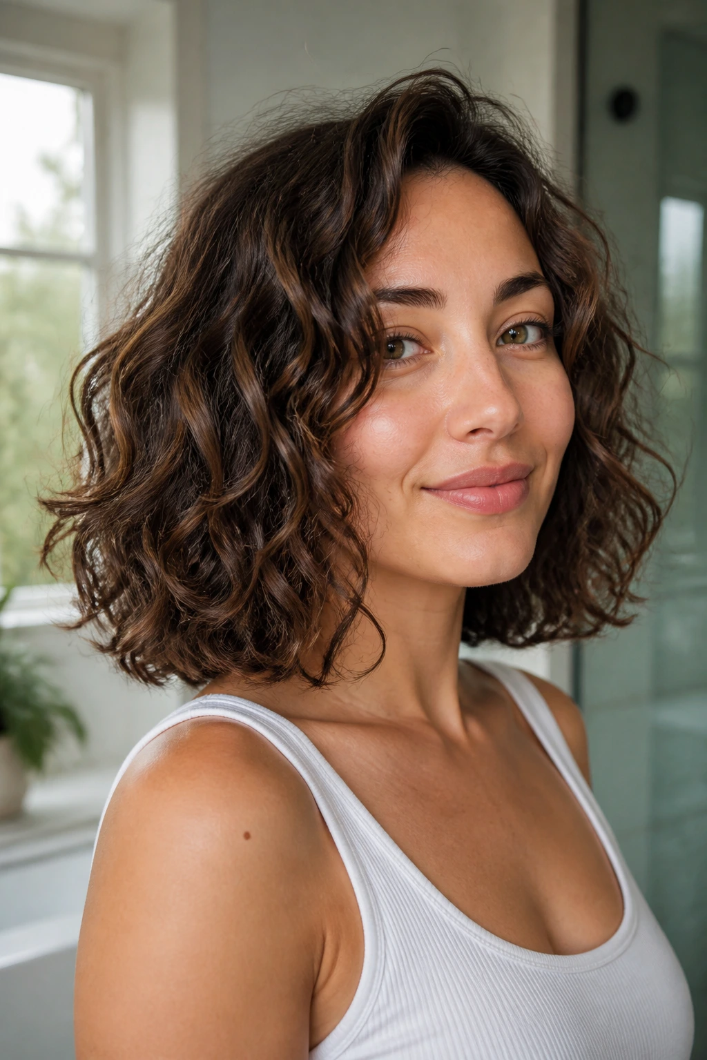 Real woman with shoulder-length curly bob and soft layers in bright natural light
