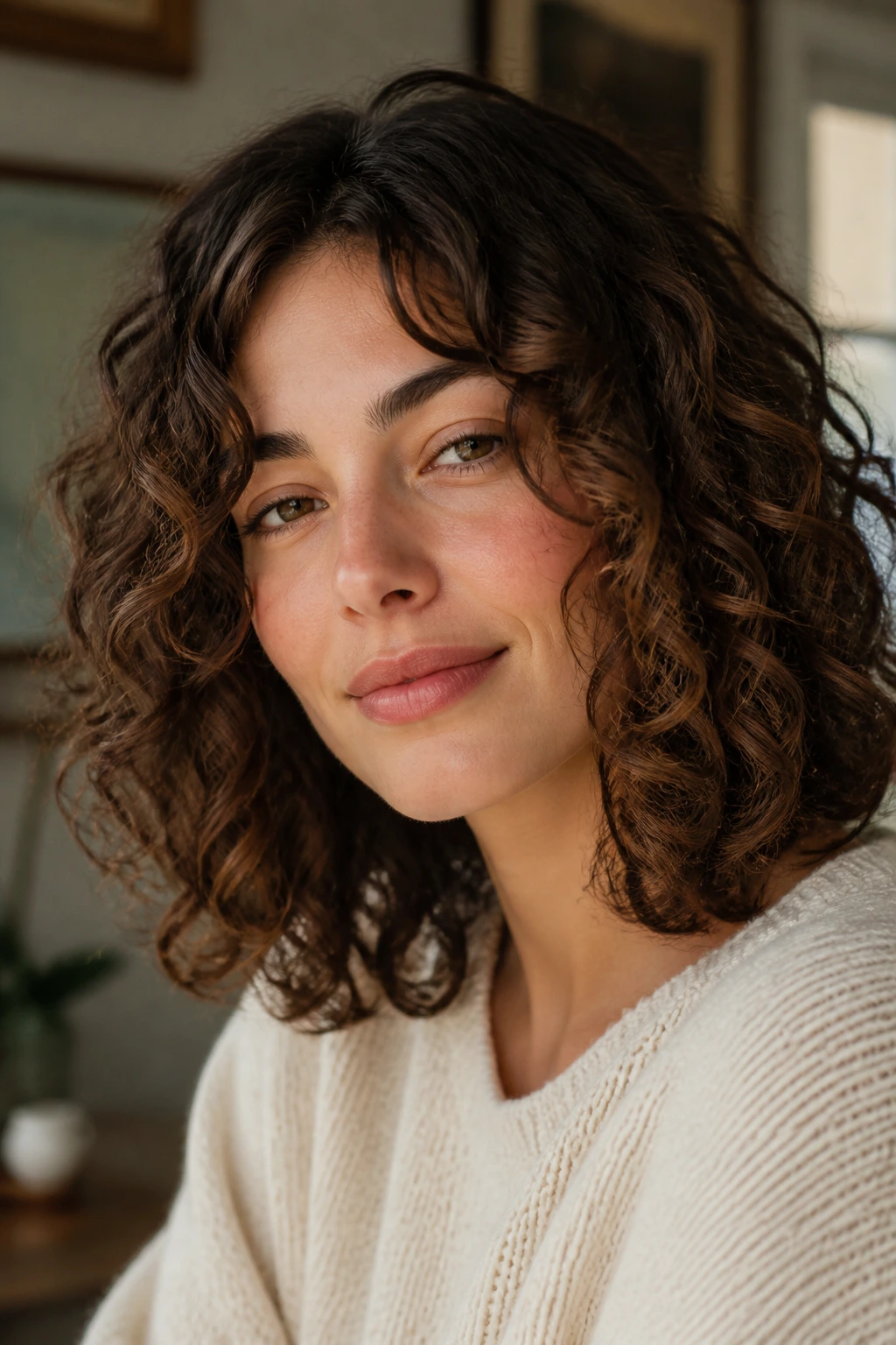 Close-up of woman with a low-maintenance grow-out curly lob