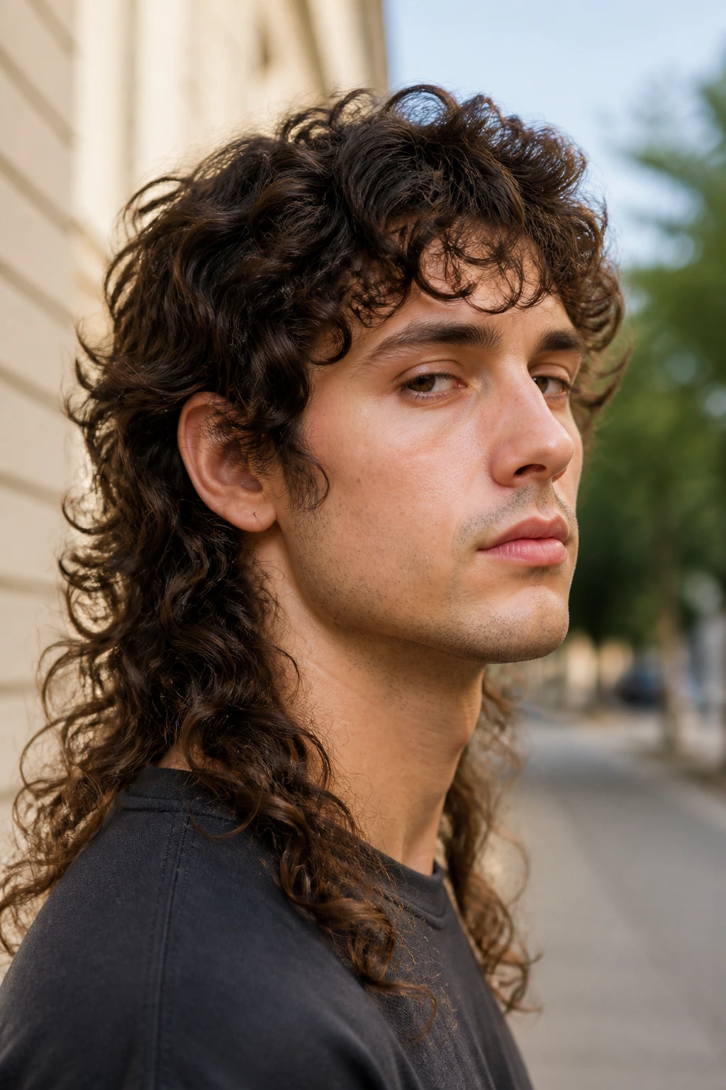 Close-up portrait of a real person with a grow-out friendly curly mullet