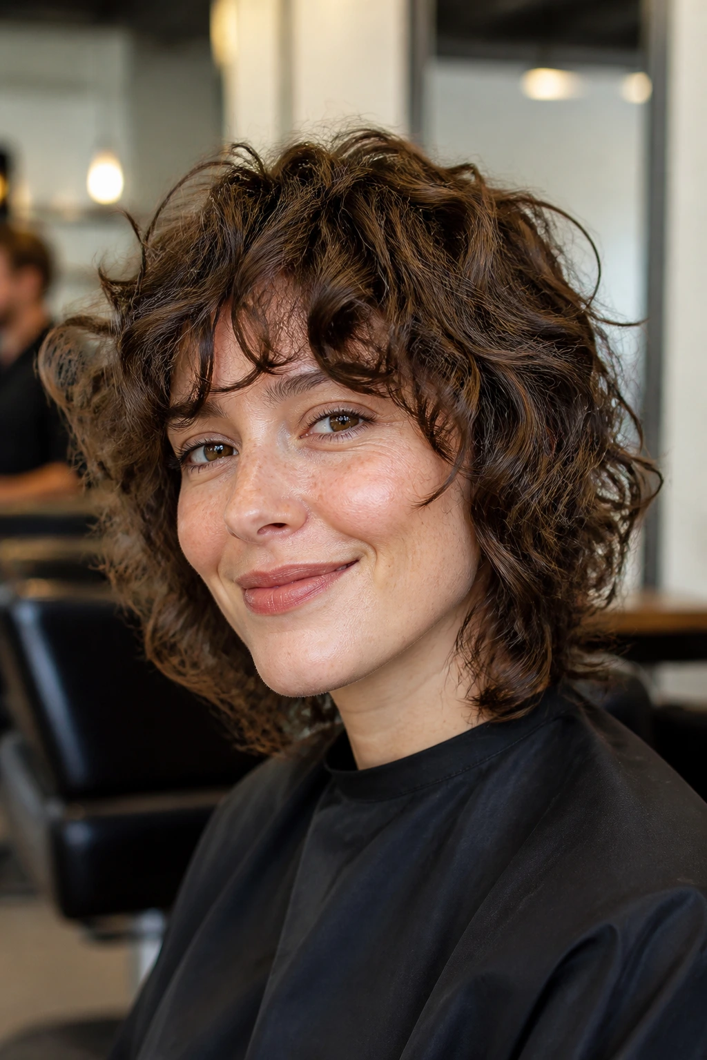 Close-up of real person with Grow-Out-Proof Curly Shag showing staggered layers and long fringe in a salon