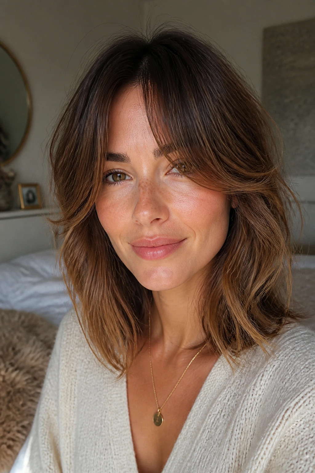 Close-up of a real woman with grow-out curtain bangs in a soft daylight setting