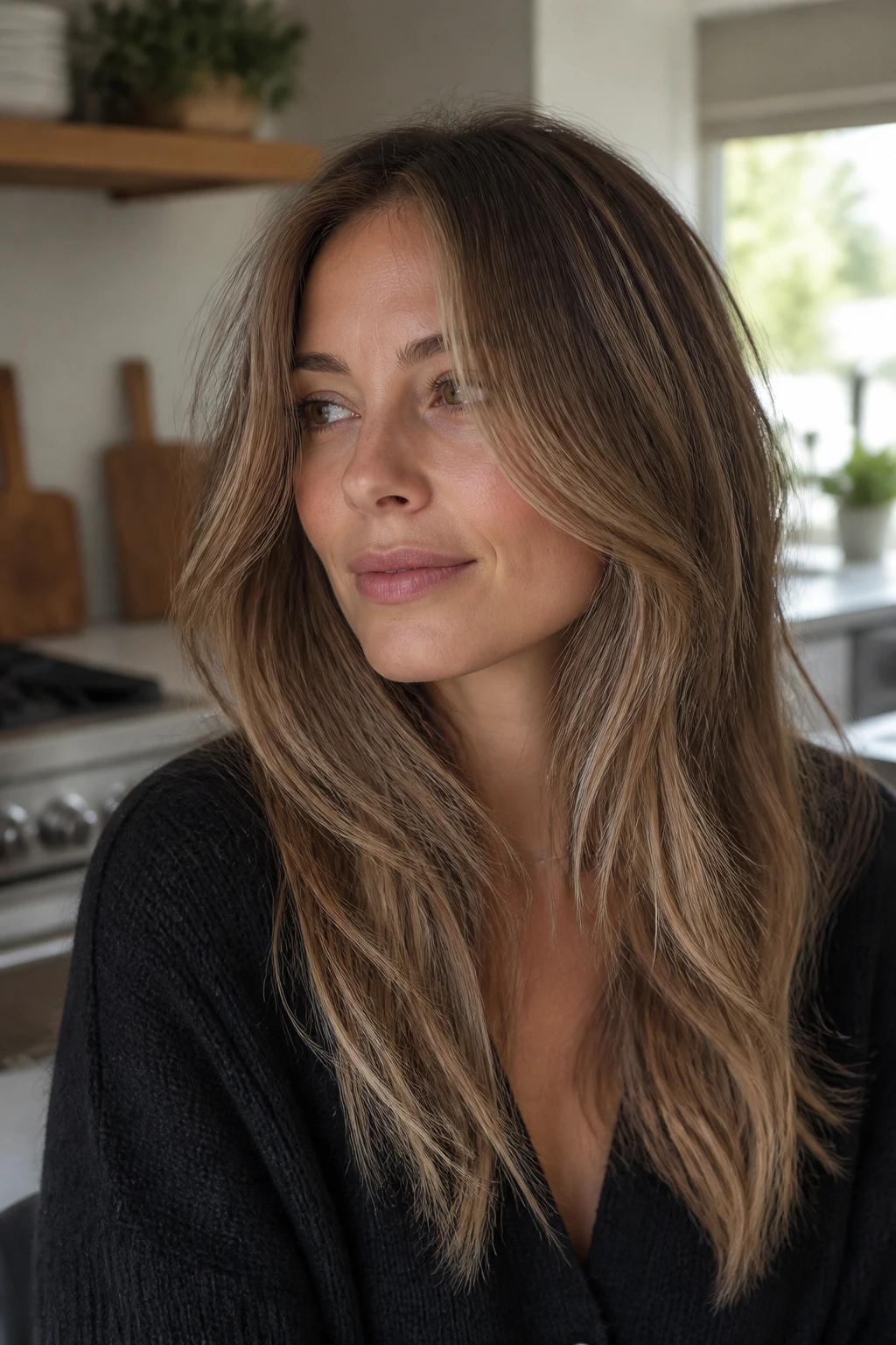Close-up of a real woman with grow-out curtain bangs in a morning kitchen