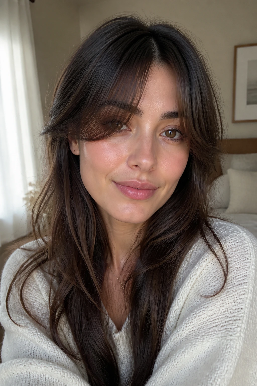 Close-up portrait of a real person with grow-out curtain bangs showing soft ends and a clean part
