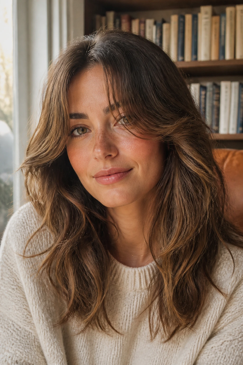 Close-up portrait of a real woman with grow-out curtain bangs