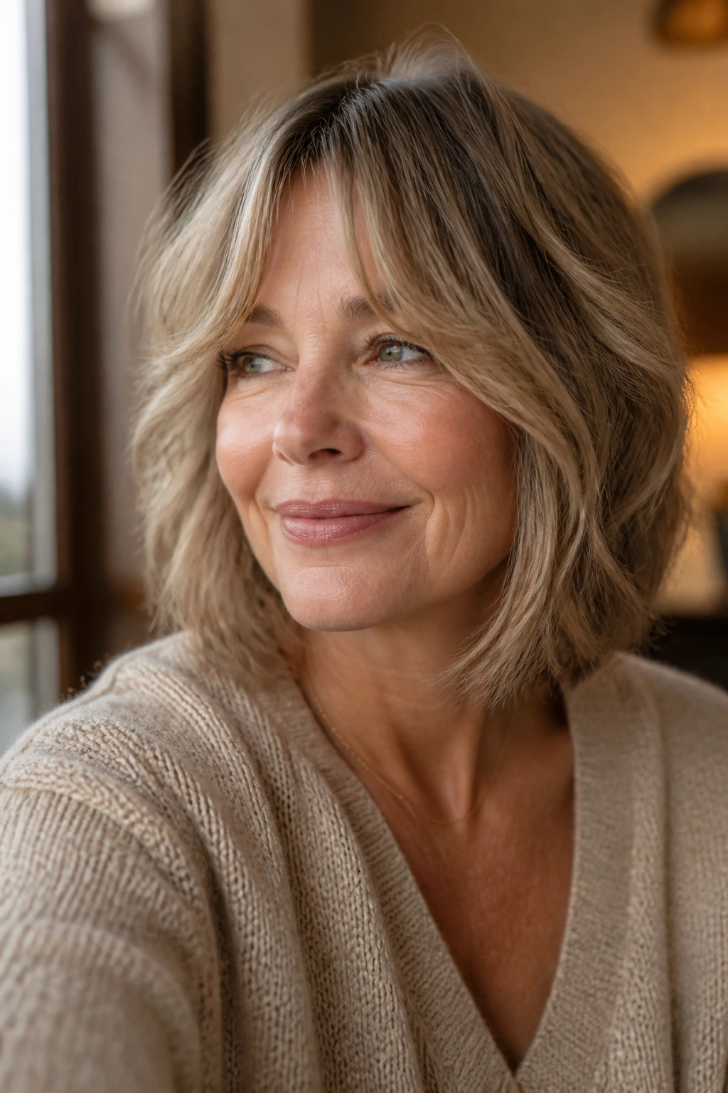 Real woman with grow-out curtain fringe and jaw-length layers in a cozy home setting