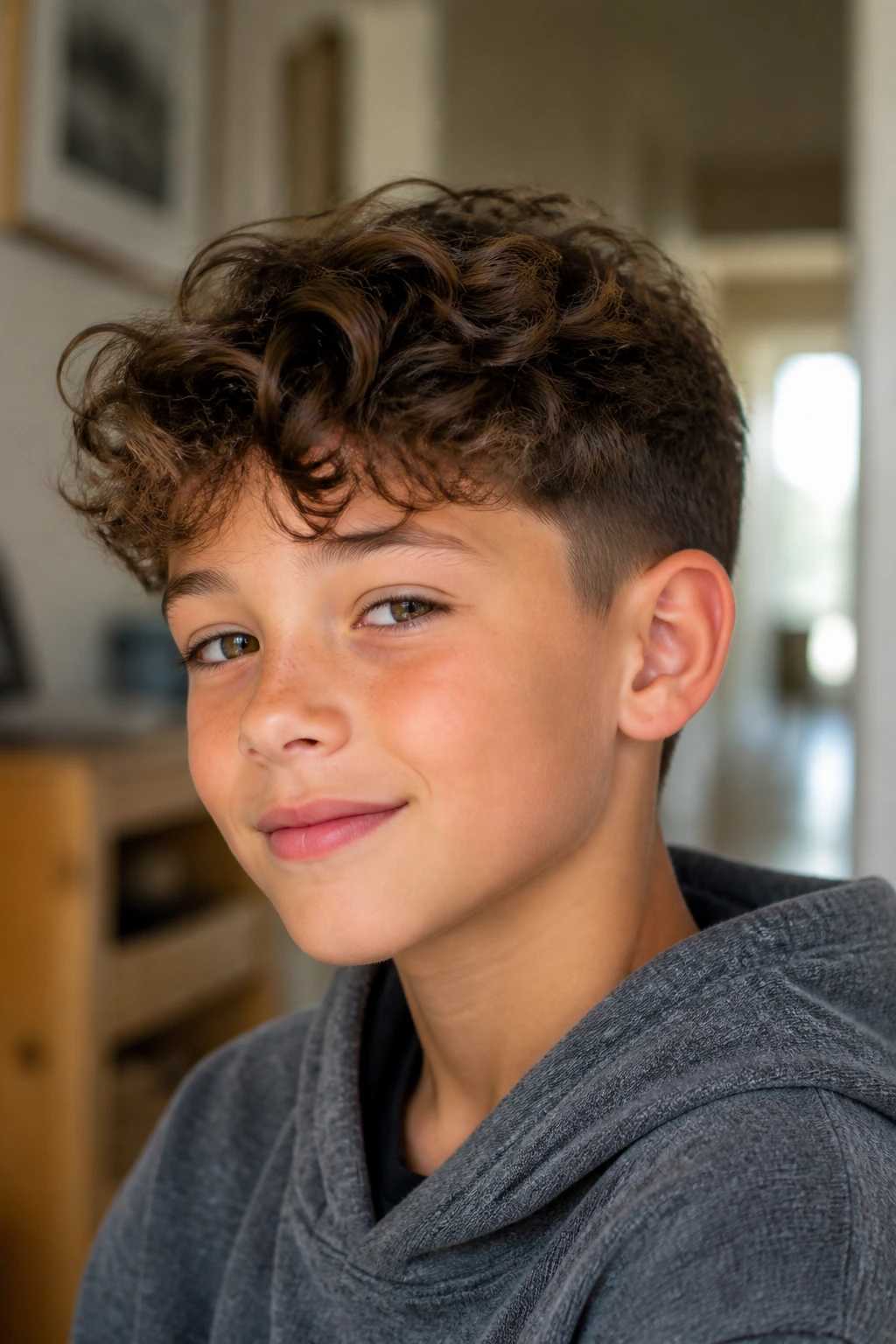Close-up of a schoolboy with an easy grow-out cut in a hallway