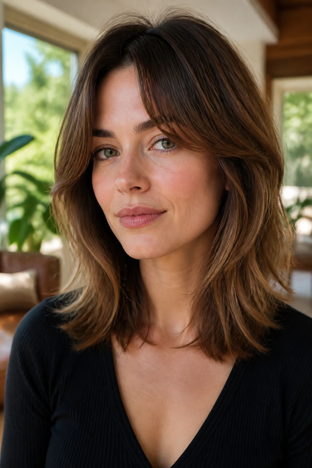 Close-up of woman with grow-out shoulder-length cut and face-framing bangs in a sunny living room