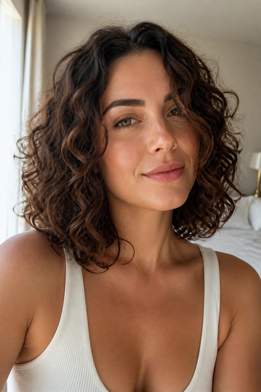 Close-up of a real woman with a grow-out-friendly bob in a bright bedroom