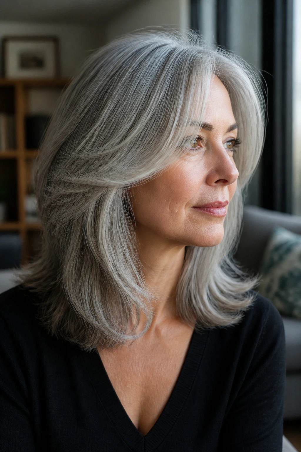 Real woman with gray hair wearing grow-out-friendly layers