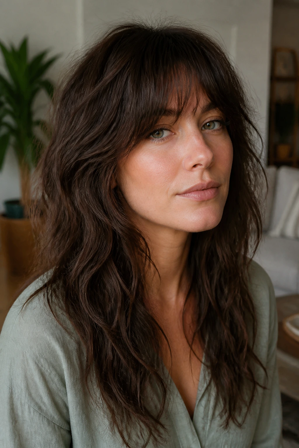 Close-up portrait of a real woman with grow-out friendly shag showing long layers and solid spine