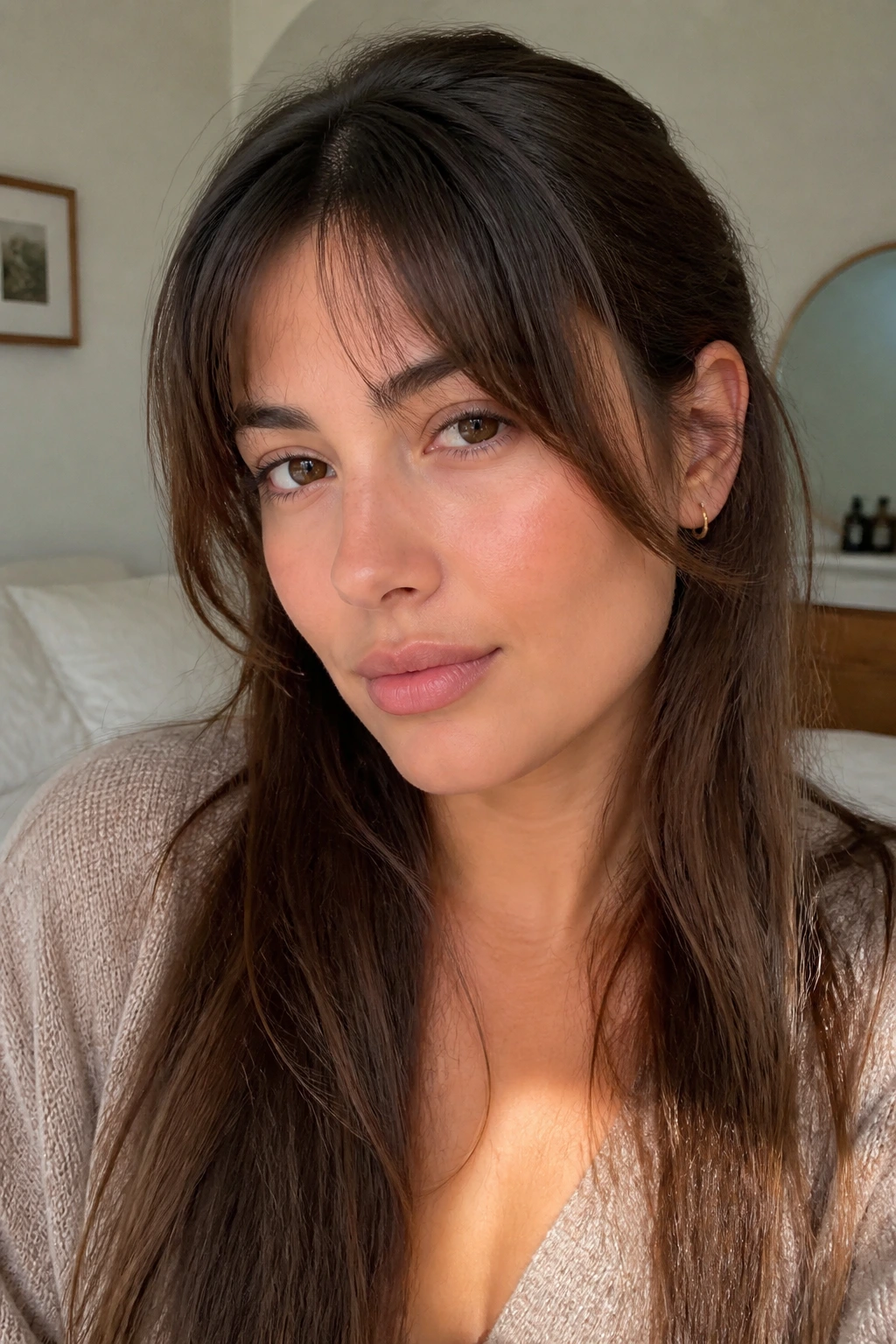 Close-up portrait of a real woman with a grown-out fringe blended into her hair