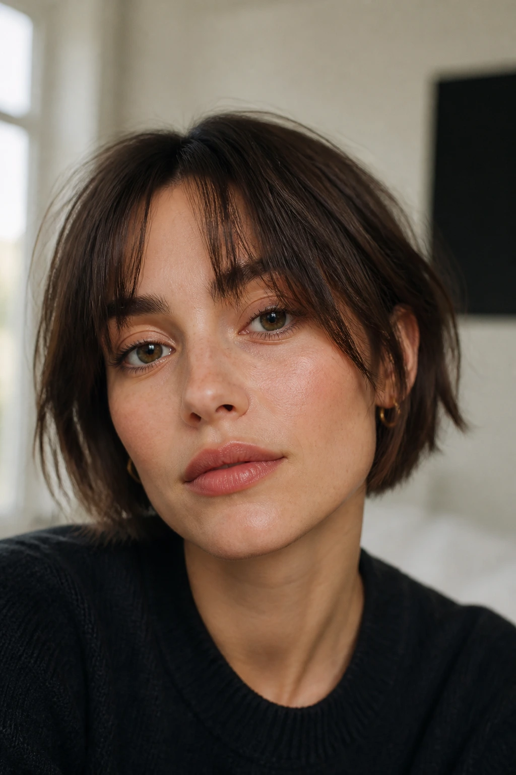 Close-up portrait of a person with a soft grow-out fringe in-between stage.